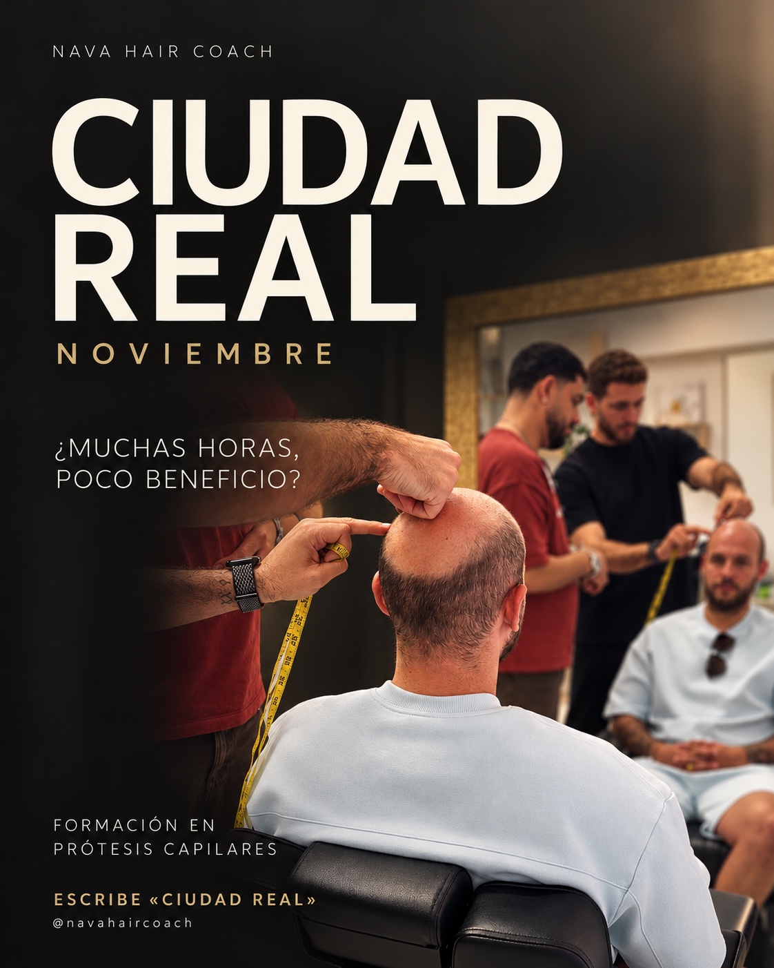 Cartel completo de formación en prótesis capilares de NAVA Hair Coach en Ciudad Real. Fecha: domingo 22 de noviembre de 2026