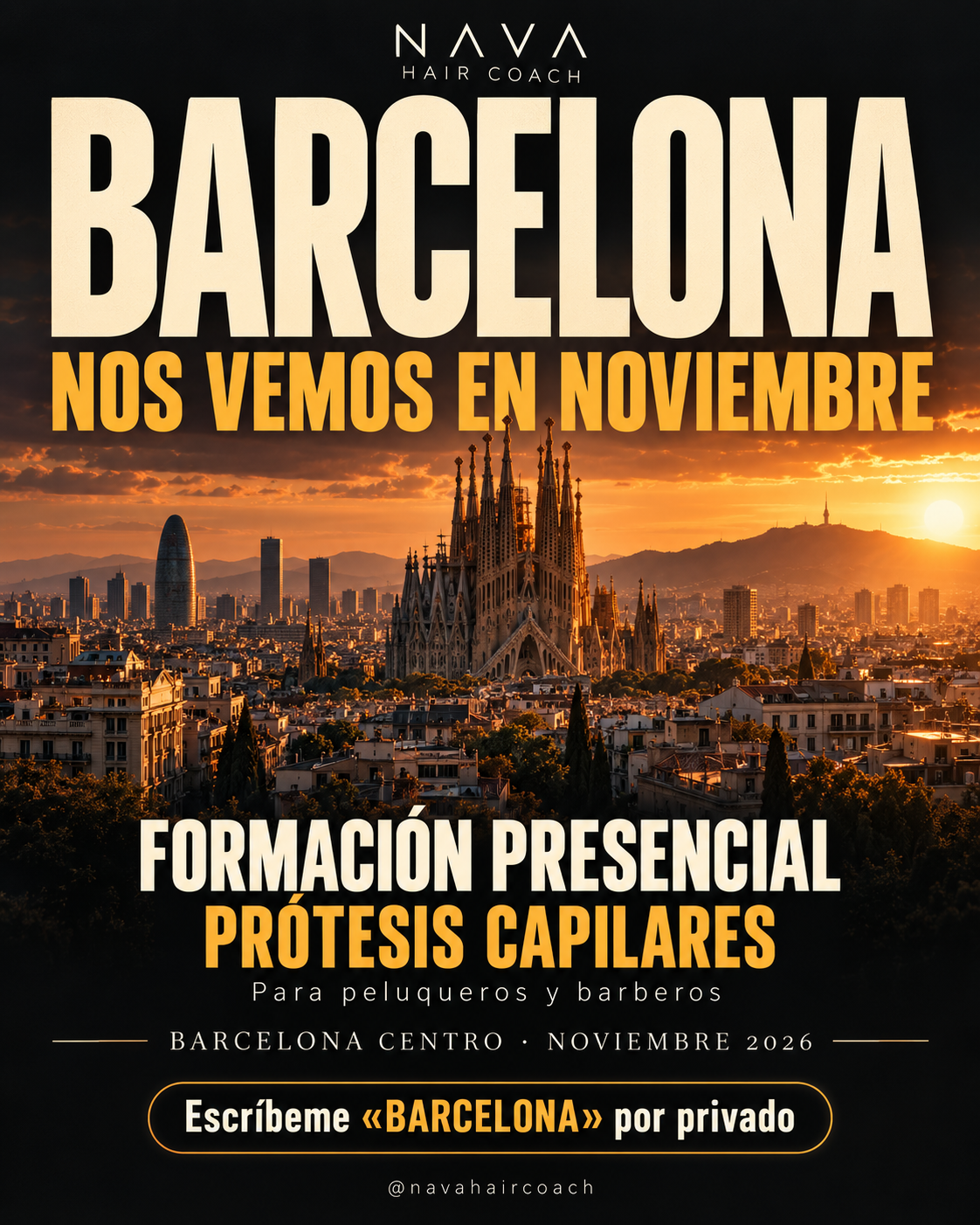 Cartel de formación presencial en prótesis capilares en Barcelona centro. Fecha: domingo 15 de noviembre de 2026