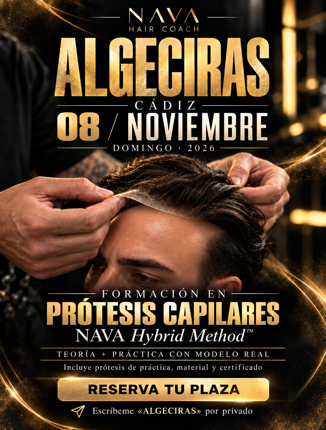 Cartel promocional de la formación en prótesis capilares de NAVA Hair Coach en Algeciras (Cádiz). Fecha: domingo 8 de noviembre de 2026